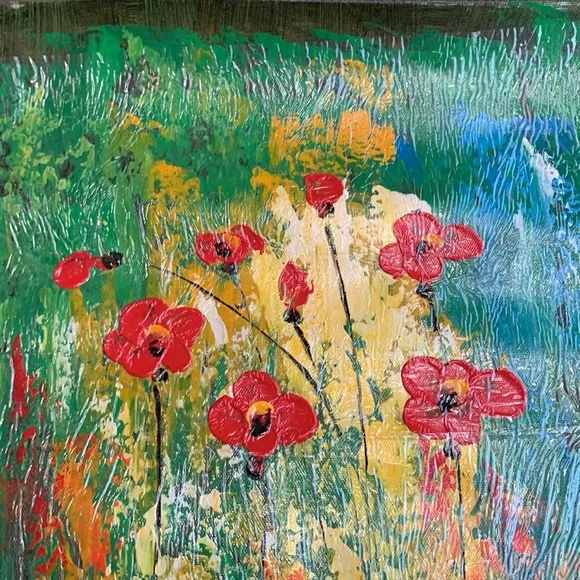 Gorgeous red flowers original oil painting. Approximately 14 3/4” x 19” - Picture 2 of 3